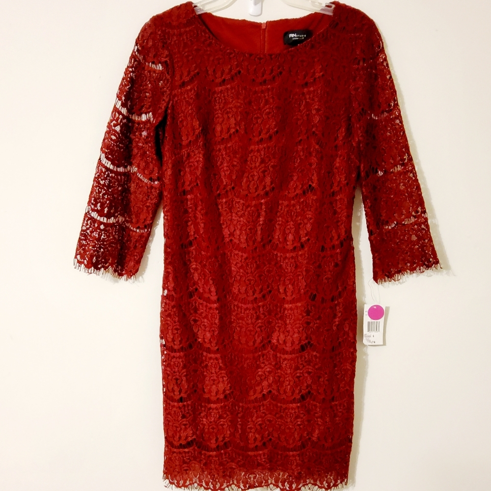 RN Studio By Ronnie Nicole Wine 3/4 Sleeve Lace Embroidered Sheath Dress Sz 6